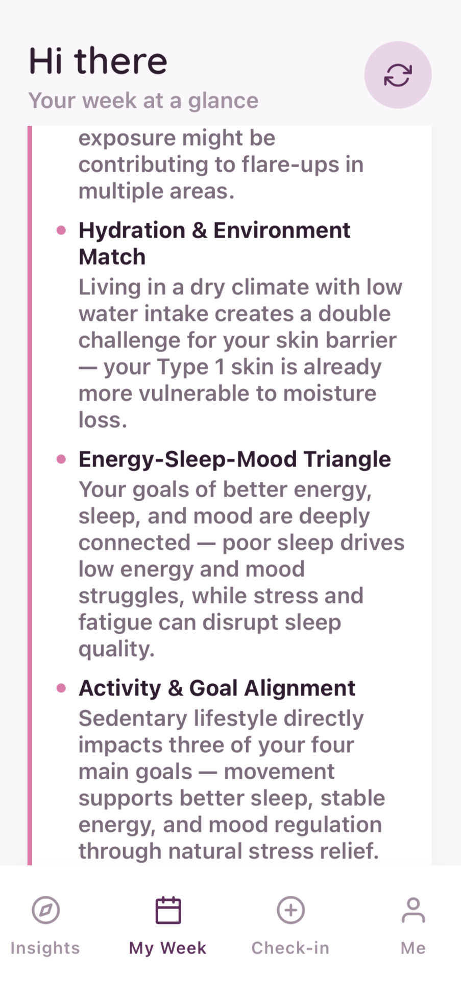 Mobile health app screen showing weekly health insights, including hydration, mood, sleep, stress management, and activity recommendations, with navigation menu icons at the bottom.