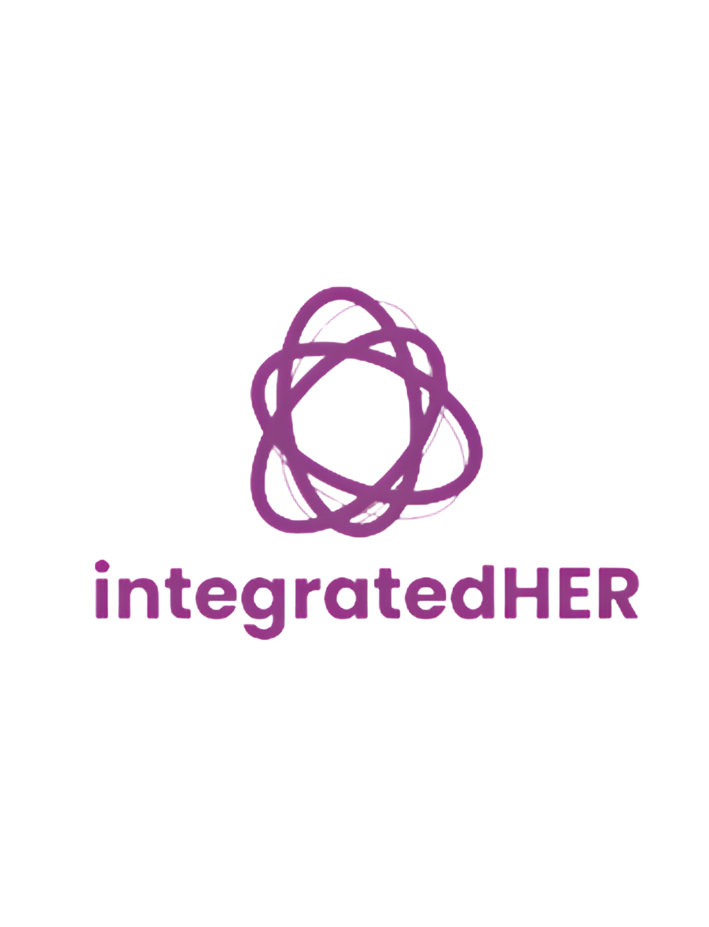 Pink 3D logo with abstract spherical design and the text 'integratedHER' beneath it.