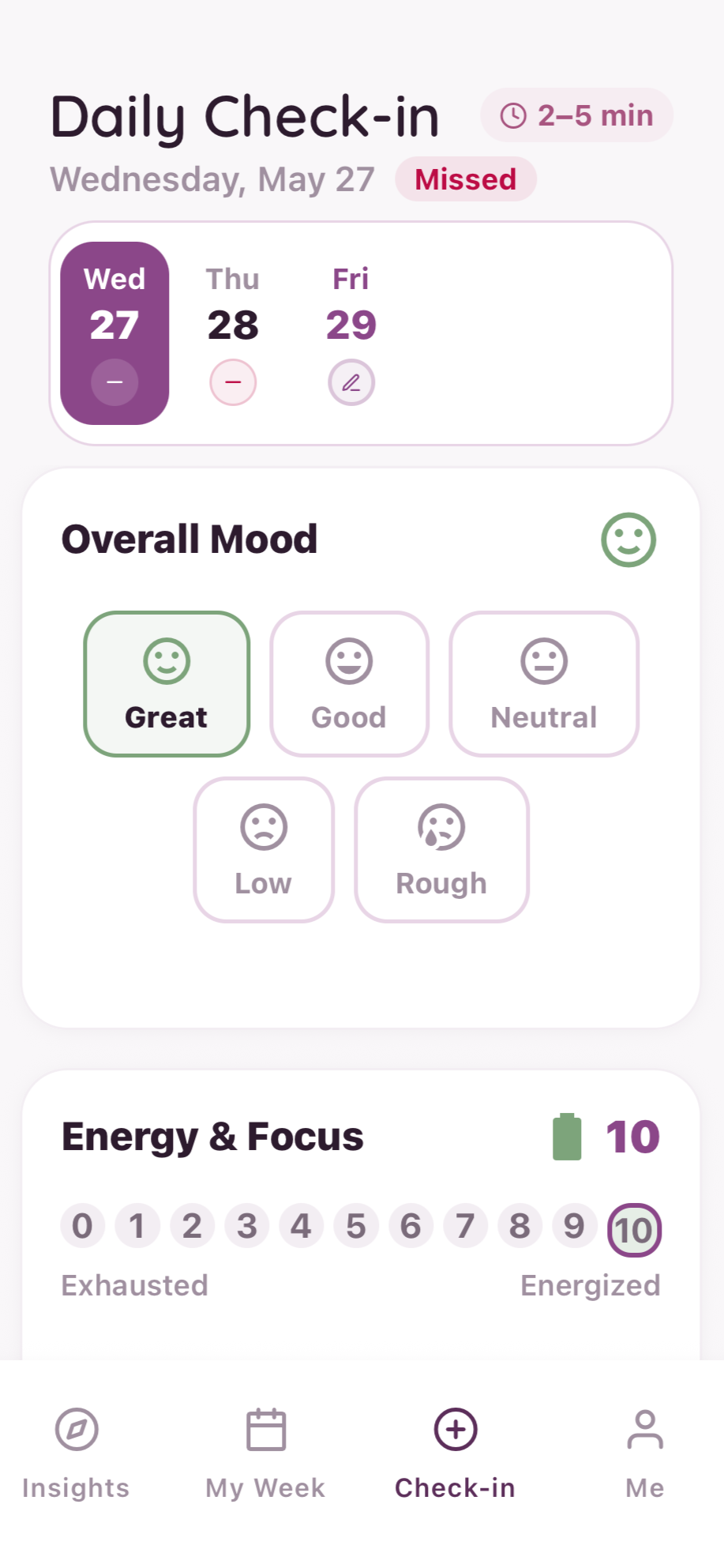 Mobile app screen showing daily health check-in data for Wednesday, May 27. The day is marked as missed. Overall mood is great, energy level is 10 out of 10, and the app navigation menu includes Insights, My Week, Check-in, and Me sections.