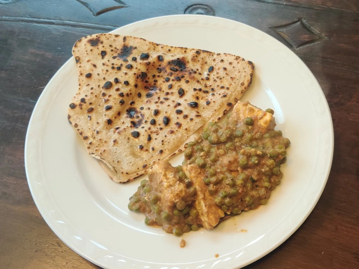 Paneer (homemade cottage cheese) with pea masala and chapati
