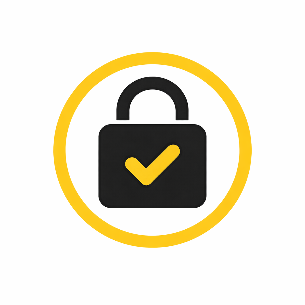 Icon of a black padlock with a yellow check mark inside, surrounded by a yellow circle.