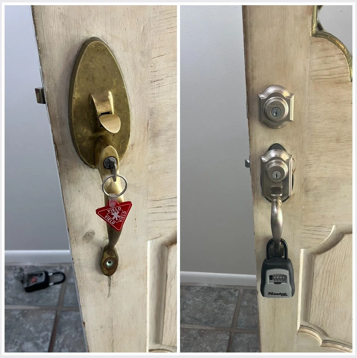 Close-up of a wooden door's lock area, showing a brass deadbolt with a key inserted and a red 'Yield' warning tag hanging on the key. The right side features a modern silver deadbolt lock with a key inserted and a digital keypad lock above.