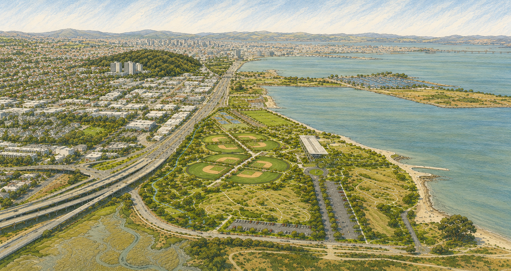 Aerial view of a coastal city park with baseball fields, walking paths, parking lots, and a stadium, adjacent to water with a shoreline and a cityscape in the background.