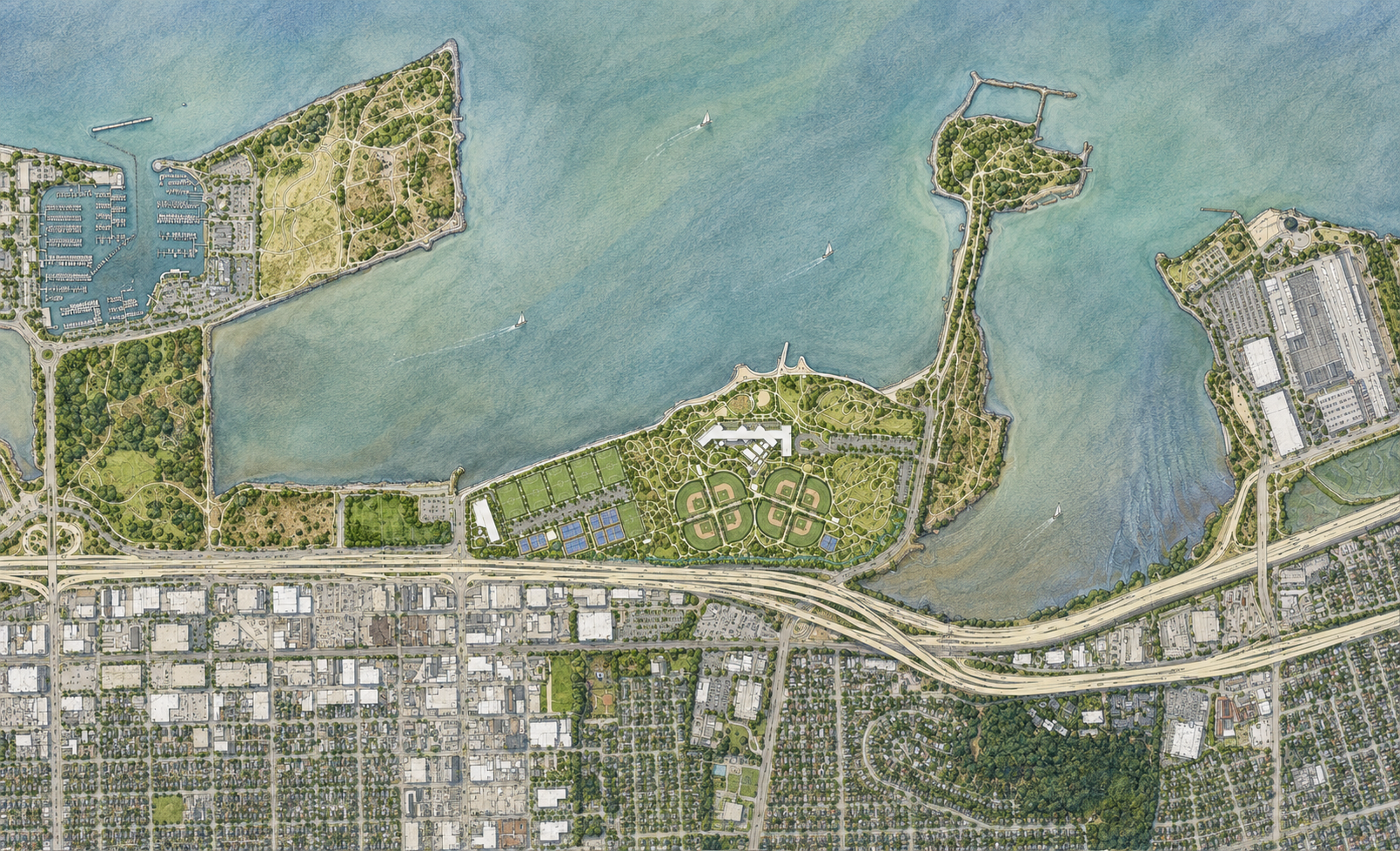 A colorful aerial map showing a large urban park with water bodies, green spaces, sports fields, and connected walkways, with city streets and buildings surrounding it.