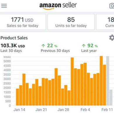 Amazon Seller dashboard showing recent sales data with a bar chart of product sales over the past month, totaling $1771 in sales today, 85 units sold today, and current sales trends.