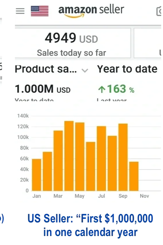 Screenshot of an Amazon seller dashboard showing sales of $4,949 today, over $1 million this year, with a 163% increase compared to last year, and a bar chart illustrating monthly sales from January to November.