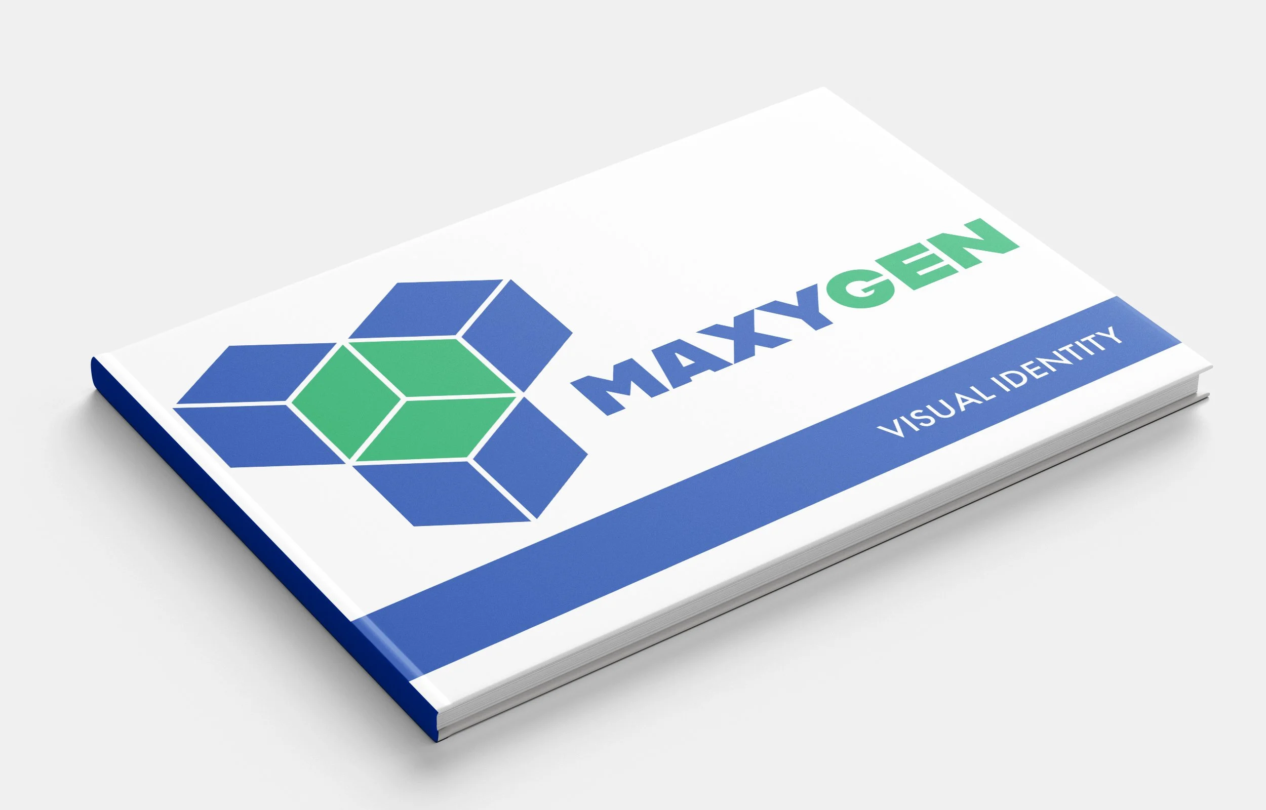 A booklet titled "MAXYGEN" with a subtitle "VISUAL IDENTITY". The cover features a geometric logo made of blue and green shapes.