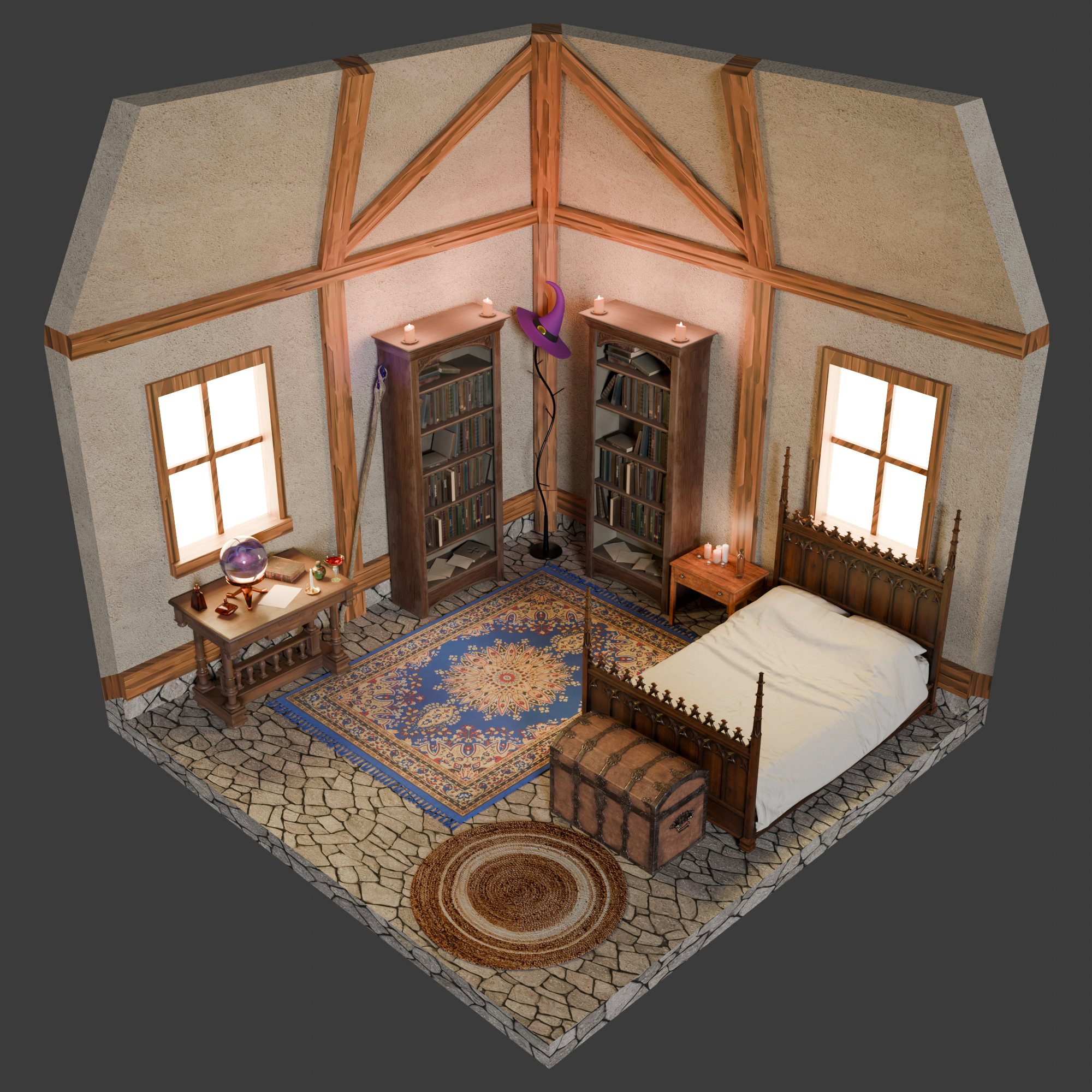 Cozy bedroom with a wooden bed, bookshelf, chest, and linens, decorated with candles, a globe, and wizard-themed decorations, stained glass window and stone floor.