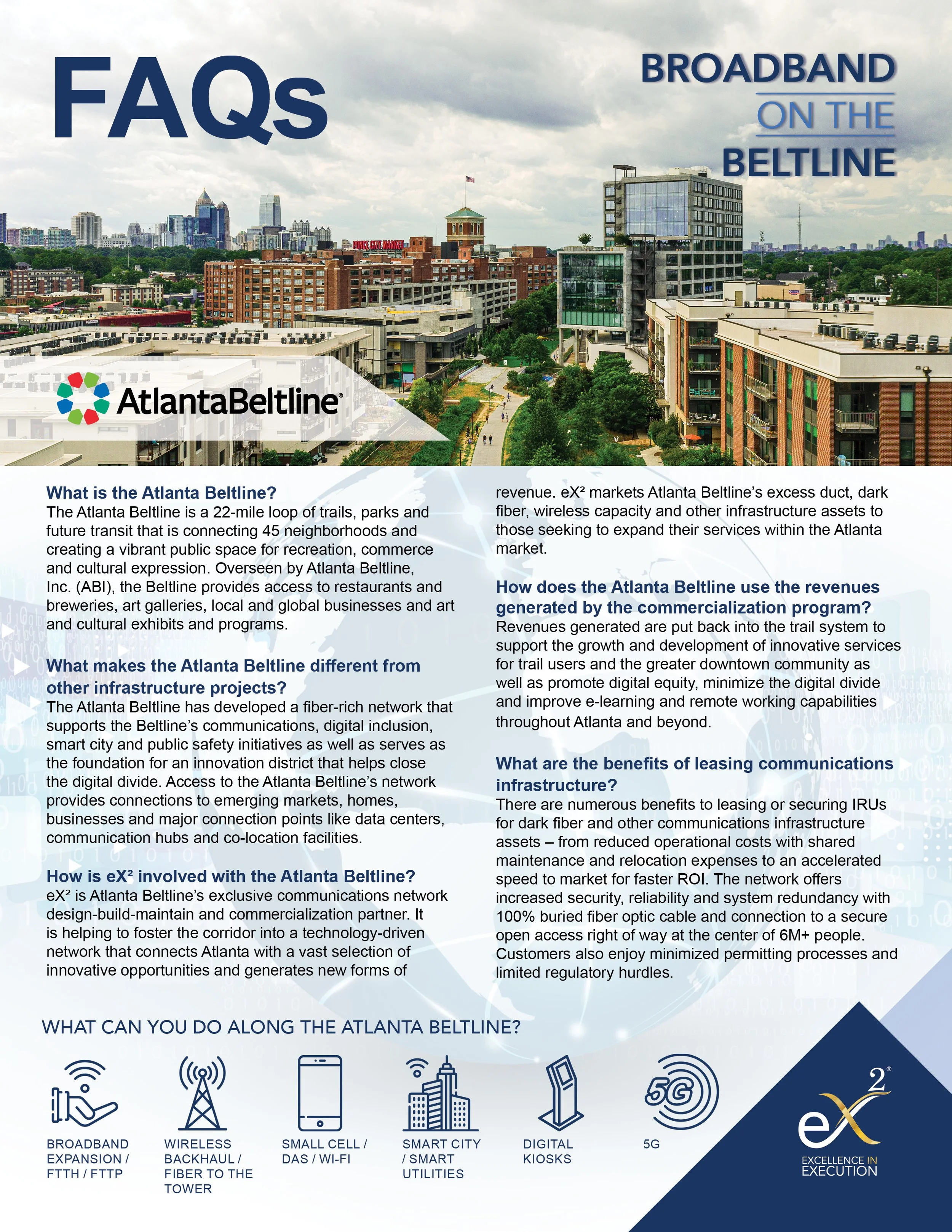A page from an informational brochure or report about the Atlanta Beltline, featuring a cityscape background with high-rise buildings and a cloudy sky. It includes a large title "FAQs" and topics covering broadband expansion, wireless backhaul, small cell and Wi-Fi, smart city utilities, digital kiosks, 5G, and information about eX², a communications network partner. The page also displays icons representing various telecommunications infrastructure elements.