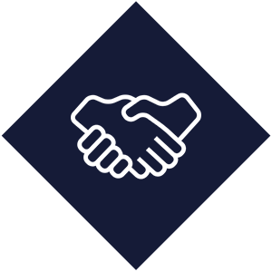 White outlined handshake icon on a dark blue diamond-shaped background