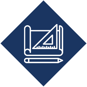 Line drawing of a drafting table with a ruler, T-square, and pencil, all set on a dark blue diagonal square background.