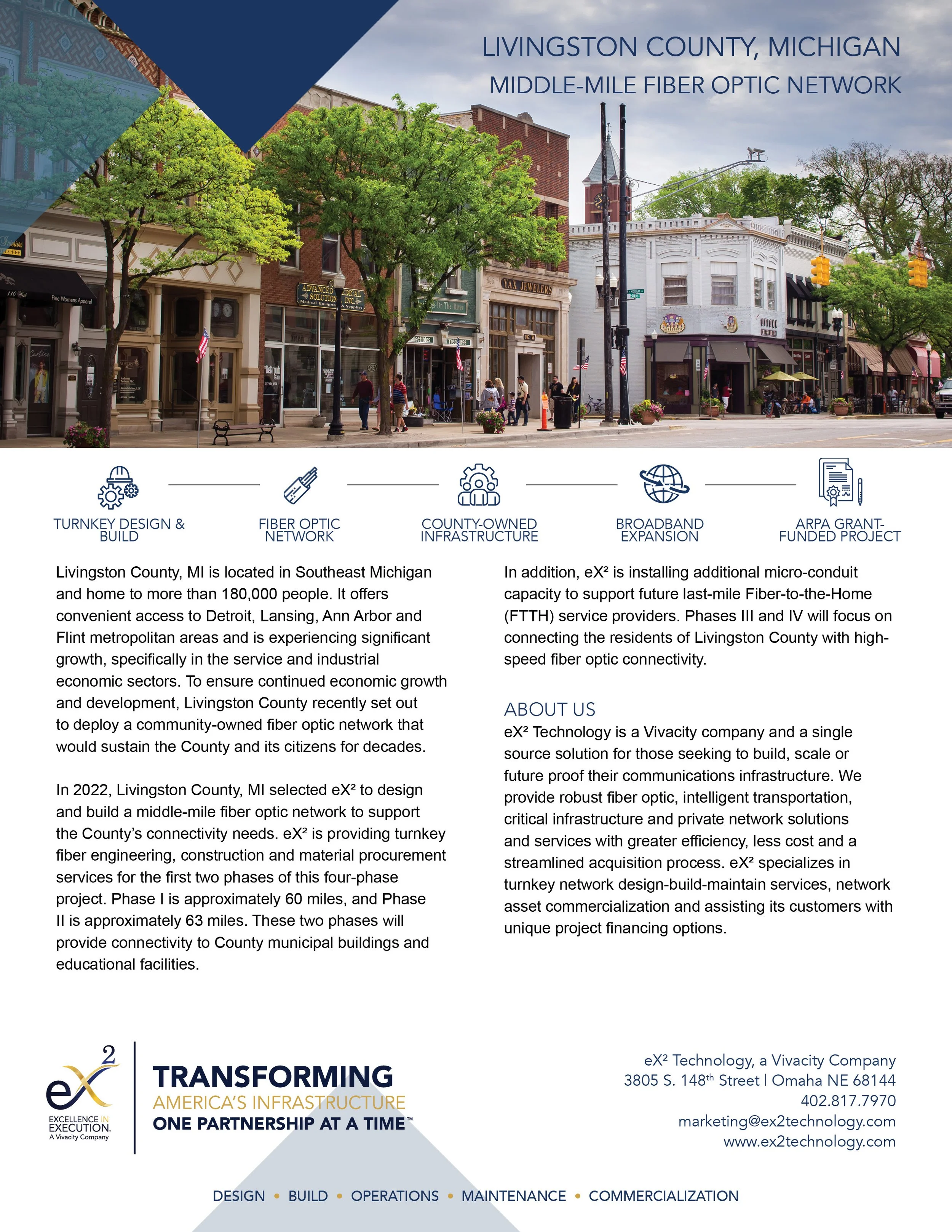 A promotional flyer for Livingston County, Michigan's middle-mile fiber optic network project, showing a daytime street view with shops and trees, and text about the project and company contact details.