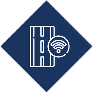 Icon of a toll booth with a Wi-Fi signal symbol in front of it, set against a dark blue diamond background.