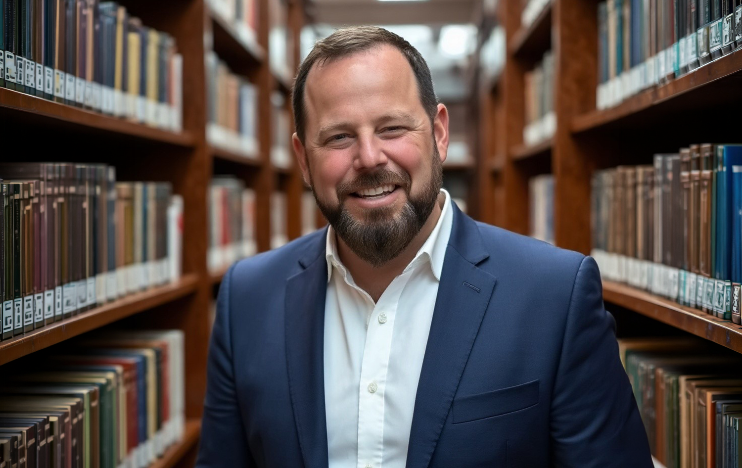 A smiling man in a navy suit and white shirt standing in a library aisle with wooden shelves filled with books.