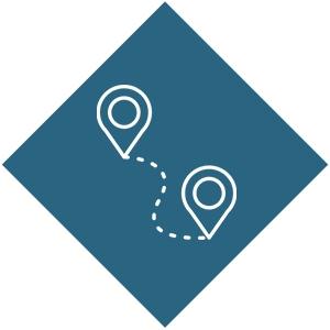 Two location pins connected by a dotted line on a blue background.