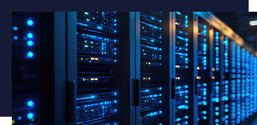 Server racks with blue and yellow LED lights in a data center.