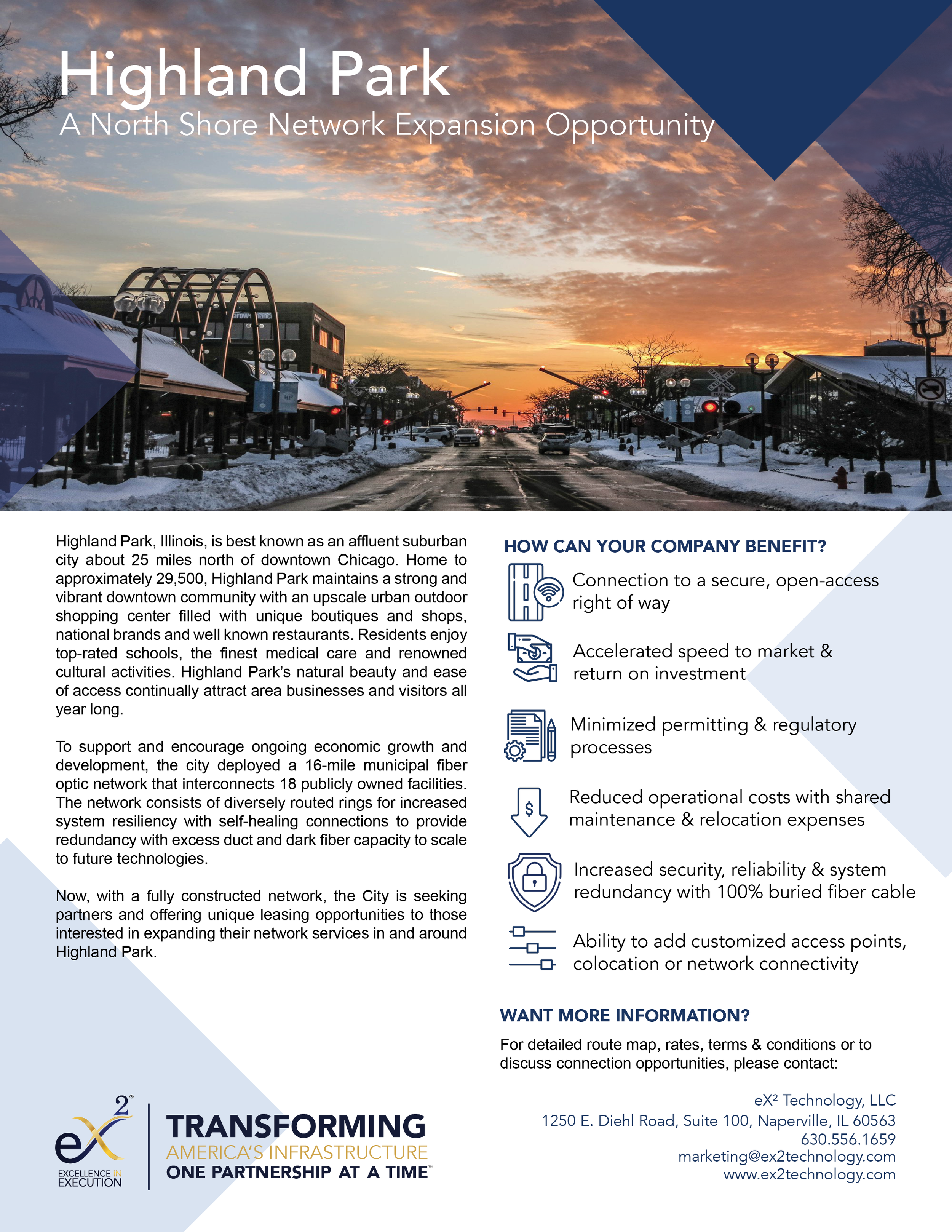 Flyer for Highland Park, Illinois, promoting a North Shore Network Expansion Opportunity, featuring a sunset over a snow-covered suburban street with shops and cars, and information about the area's infrastructure and benefits.