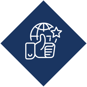 A white line drawing of a globe, a hand pointing, a star, and a thumbs-up sign on a dark blue diamond-shaped background.