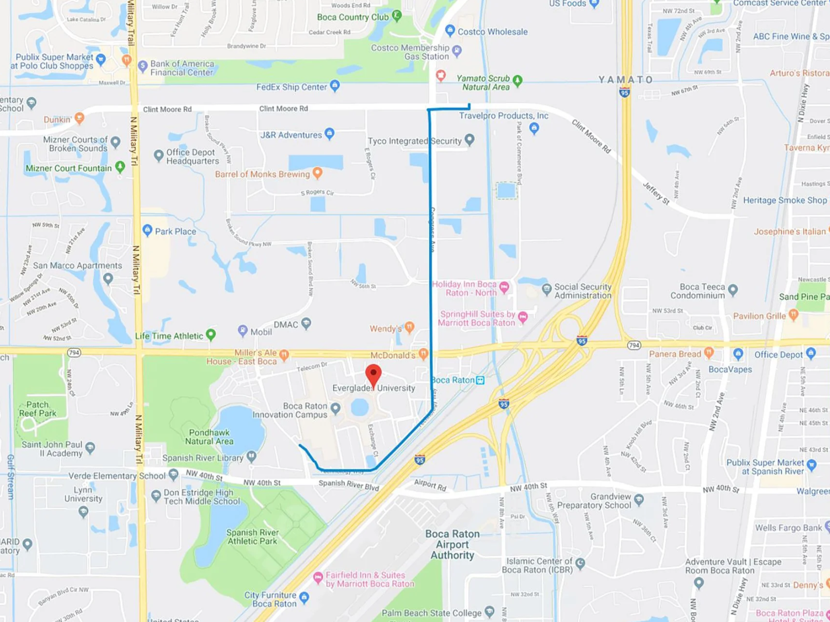 Map showing a route around Boca Raton, Florida, including landmarks like Everglade University, Spanish River Athletic Park, and Boca Raton Airport, with streets, highways, and local businesses marked.