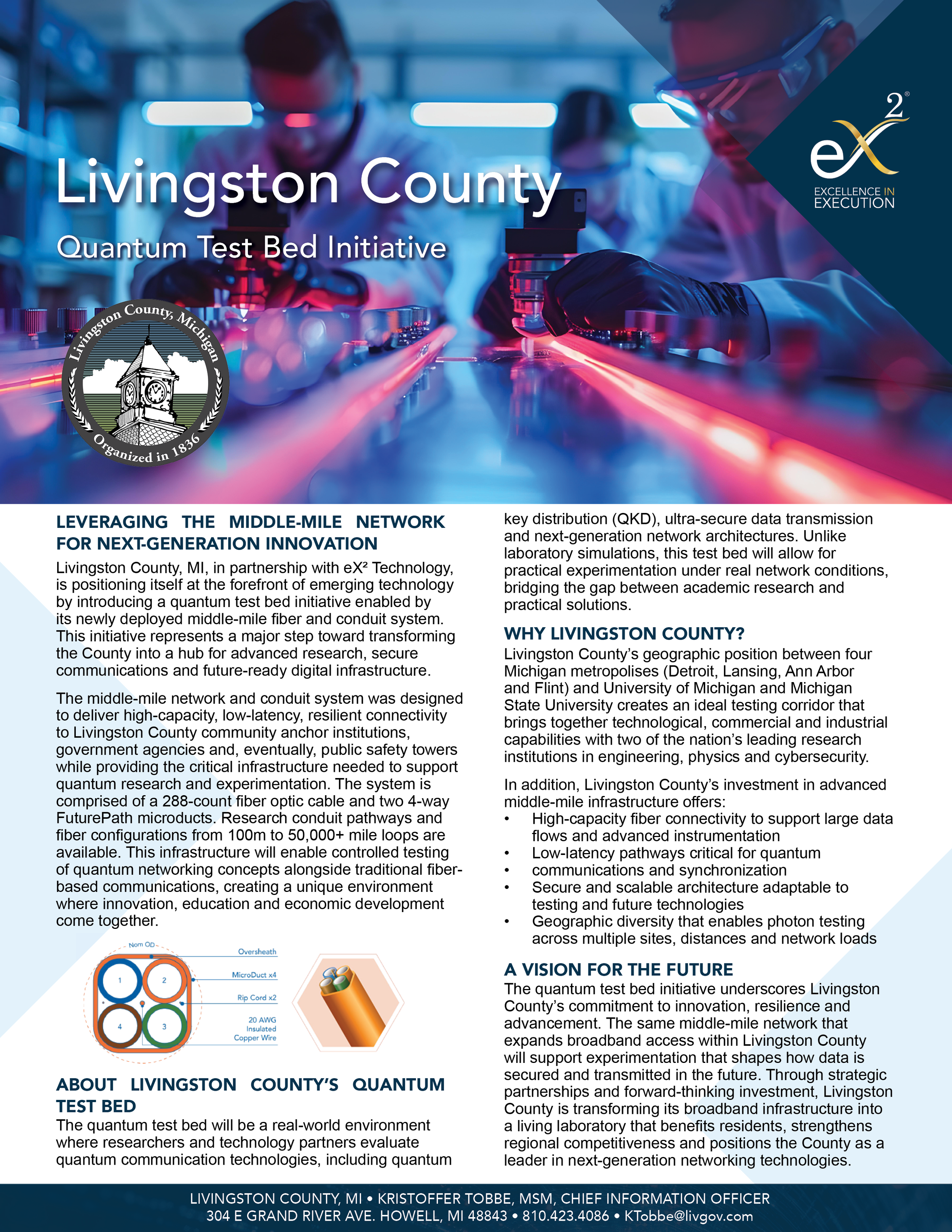 Brochure for Livingston County's Quantum Test Bed Initiative featuring a background image of scientists in a laboratory working on quantum experiments with glowing red and blue lights. It includes the Livingston County seal, the eX² logo, and text describing the initiative's goals, partnerships, and infrastructure details.