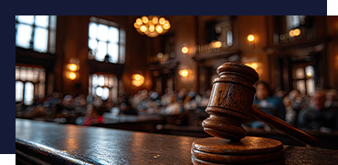 Close-up of a judge's gavel resting on a wooden surface in a courtroom with blurred background of windows and seating.