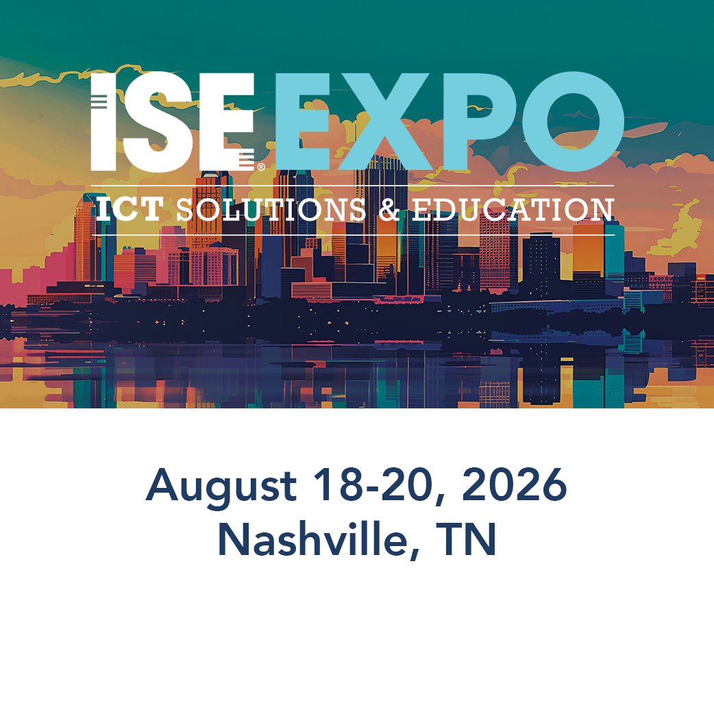 A graphic design for an event called ISE Expo, focusing on ICT solutions and education, scheduled for August 18-20, 2026, in Nashville, Tennessee, featuring a stylized city skyline with colorful geometric shapes and a reflection of the city on water.