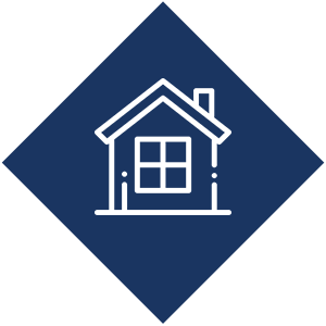 Icon of a house, with a gable roof, chimney, four-paned window, and front porch, set on a blue diamond background.