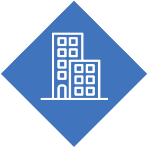 A blue diamond-shaped logo with white outline illustrations of two buildings, one tall and one shorter, representing a city skyline or office buildings.