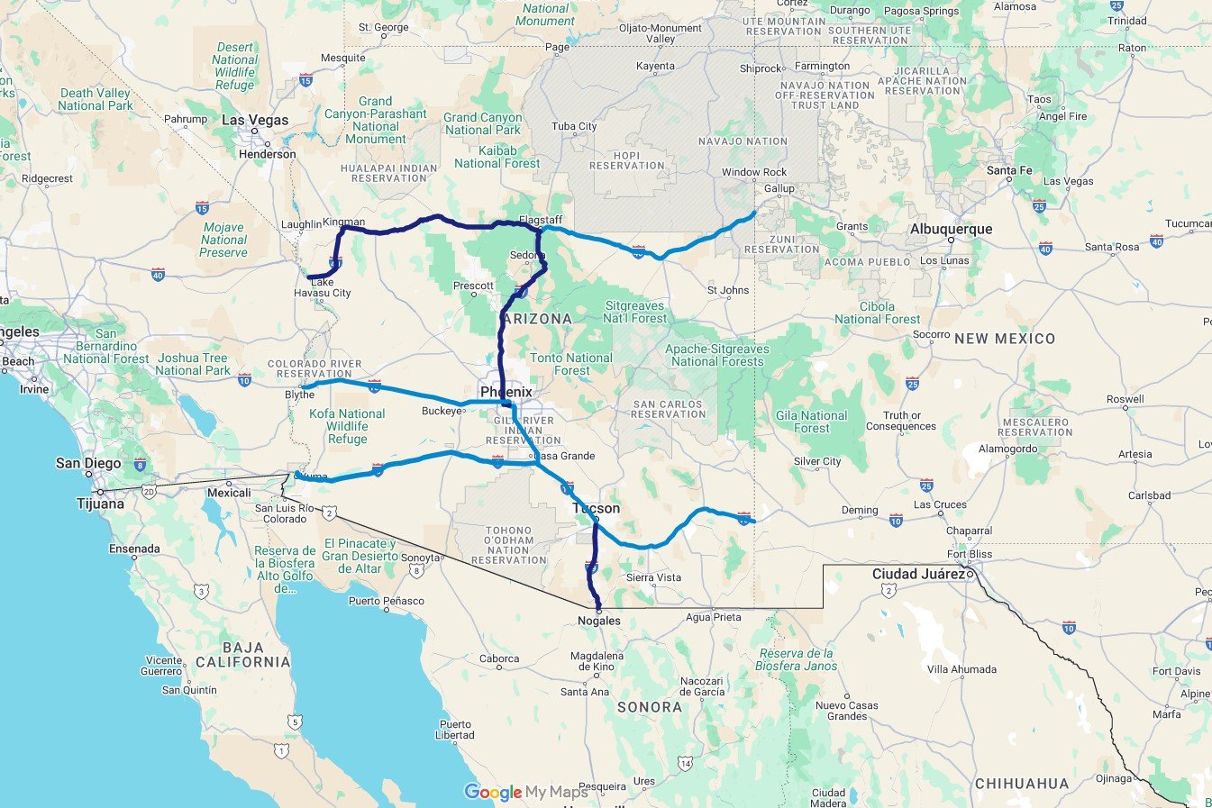 Map of the southwestern United States showing a route through Arizona and neighboring states, including Phoenix, Tucson, and Las Vegas.