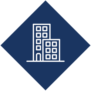 Icon of two white office buildings on a dark blue diamond-shaped background.