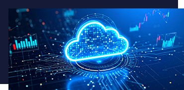 Digital cloud icon with data points and graphs representing cloud computing and data analysis.