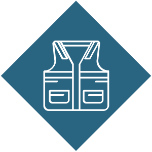 Icon of a life jacket or safety vest on a blue diamond-shaped background.