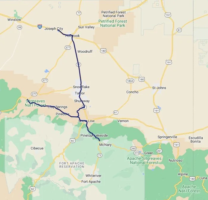 Map of a train route in Arizona, passing through Sun Valley, Joseph City, Woodruff, Snowflake, Taylor, Pinetop-Lakeside, Show Low, and other towns, with national forests and parks along the route.