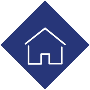 White house outline logo on a tilted blue square background.