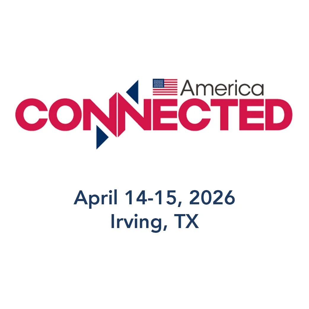 Conference logo with event details for 'America Connected' held on April 14-15, 2026 in Irving, TX.