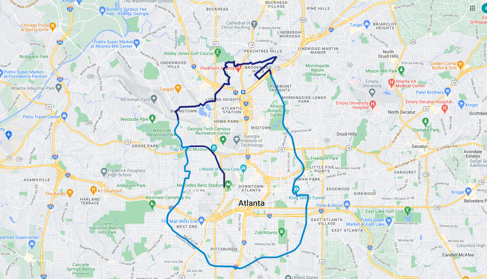 Map of Atlanta, Georgia with a highlighted route that loops through the city, passing landmarks such as Georgia Tech, Atlanta Botanical Garden, and Piedmont Park.