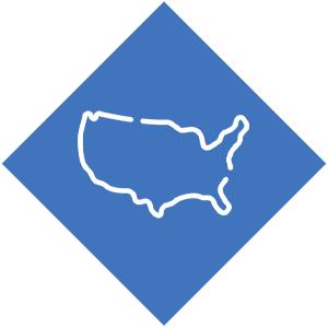 Outline map of the United States on a blue diamond-shaped background.