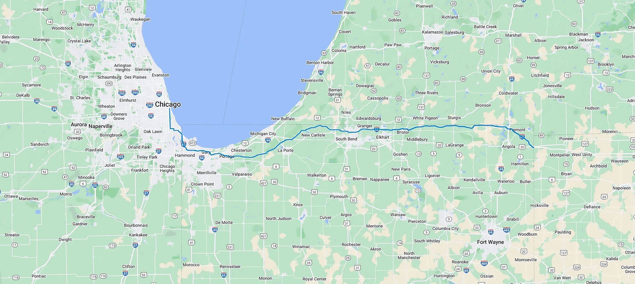 Map showing a travel route from Fort Wayne, Indiana, to Chicago, Illinois, passing through several towns and cities along Interstate 94.