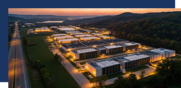 Aerial view of a modern industrial park at dusk with illuminated buildings and a surrounding forested area.