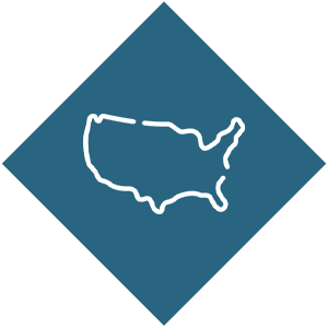 Outline map of the United States on a blue diamond-shaped background.