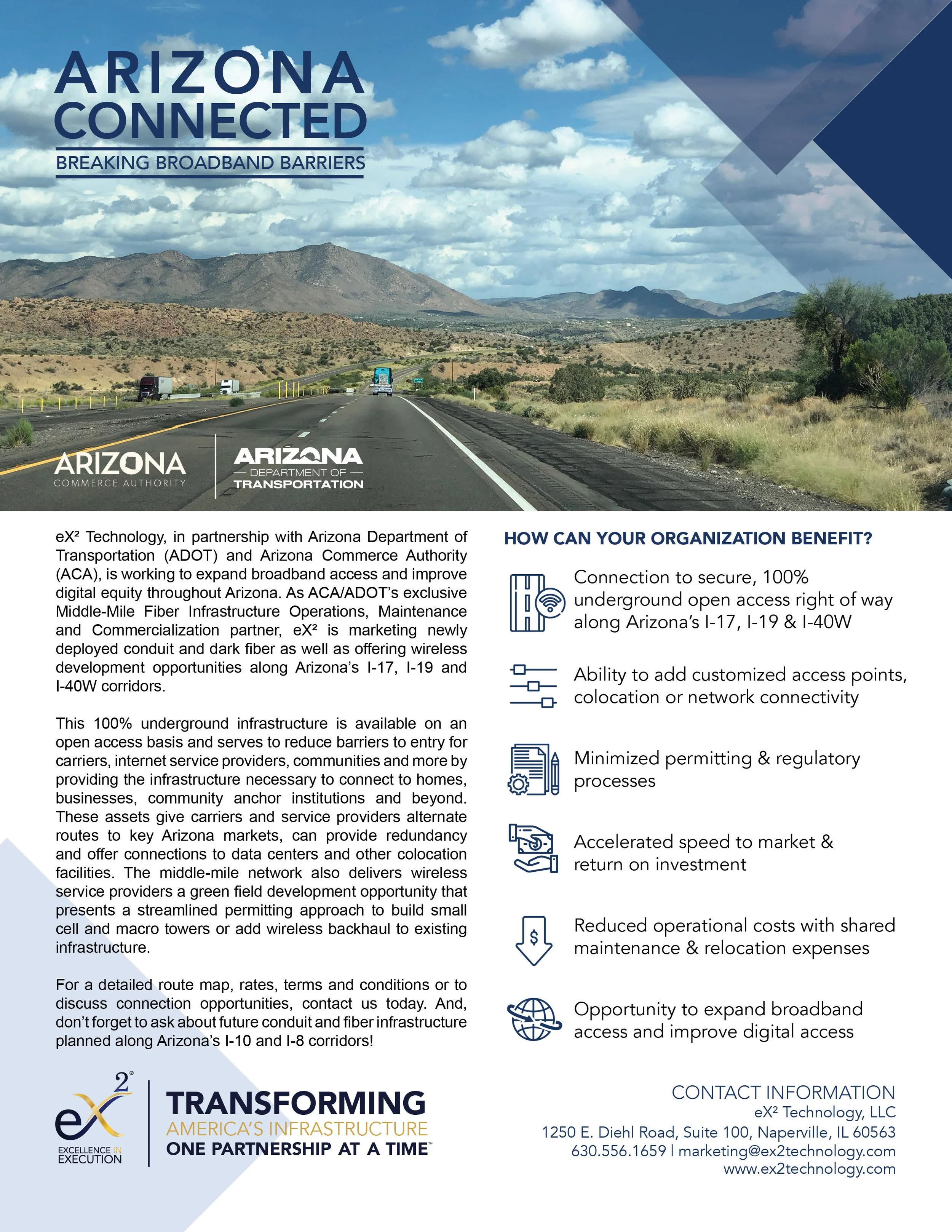 Cover page of Commercialization brochure with a mountainous landscape and a highway, showing logo and text about Arizona Fiber Optic Network and infrastructure modernization.