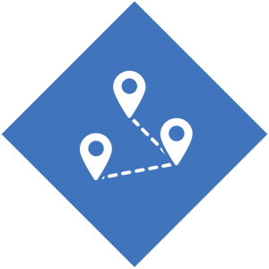 Icon of a route or path marked with three location pins connected by dashed lines, on a blue diamond-shaped background.