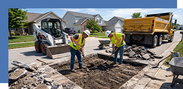 Two construction workers in safety vests and helmets work on a street sidewalk, with a skid steer loader and a dump truck in a residential neighborhood.