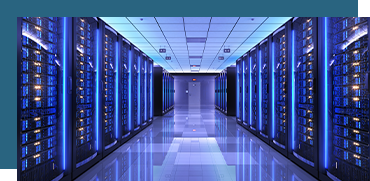 Data center with server racks and blue lighting.