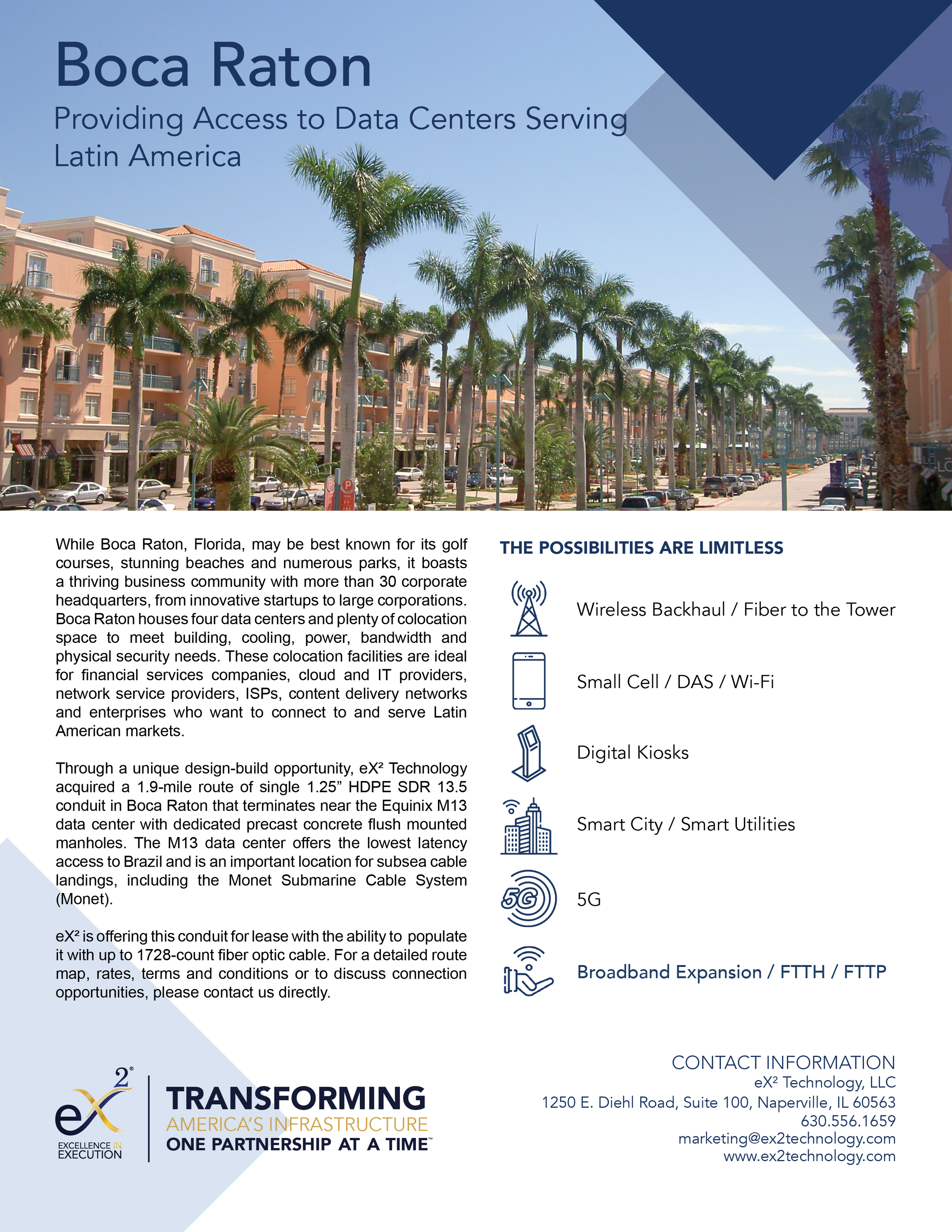 A presentation slide titled 'Boca Raton' with the subtitle 'Providing Access to Data Centers Serving Latin America.' The slide features an image of a sunny street with palm trees and pink buildings. The text at the bottom describes Boca Raton, Florida, as a hub for data centers and technological infrastructure, and mentions the company's offerings in fiber optic cables and data center services. Contact and company information is at the bottom, including an address in Naperville, Illinois.
