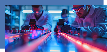 Scientists working with microscopes in a high-tech laboratory