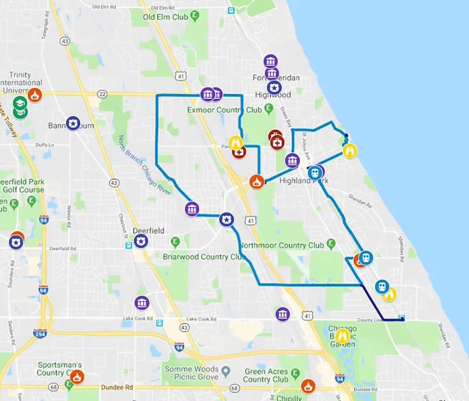 Map showing public transportation routes and points of interest in a suburban area near Lake Michigan, including parks, golf courses, and clubs.