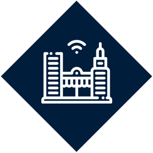 White line drawing of city buildings with a Wi-Fi signal above, on a dark diamond-shaped background.