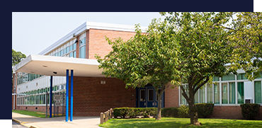Modern school building with brick and glass exterior, surrounded by greenery and a tree in the foreground.
