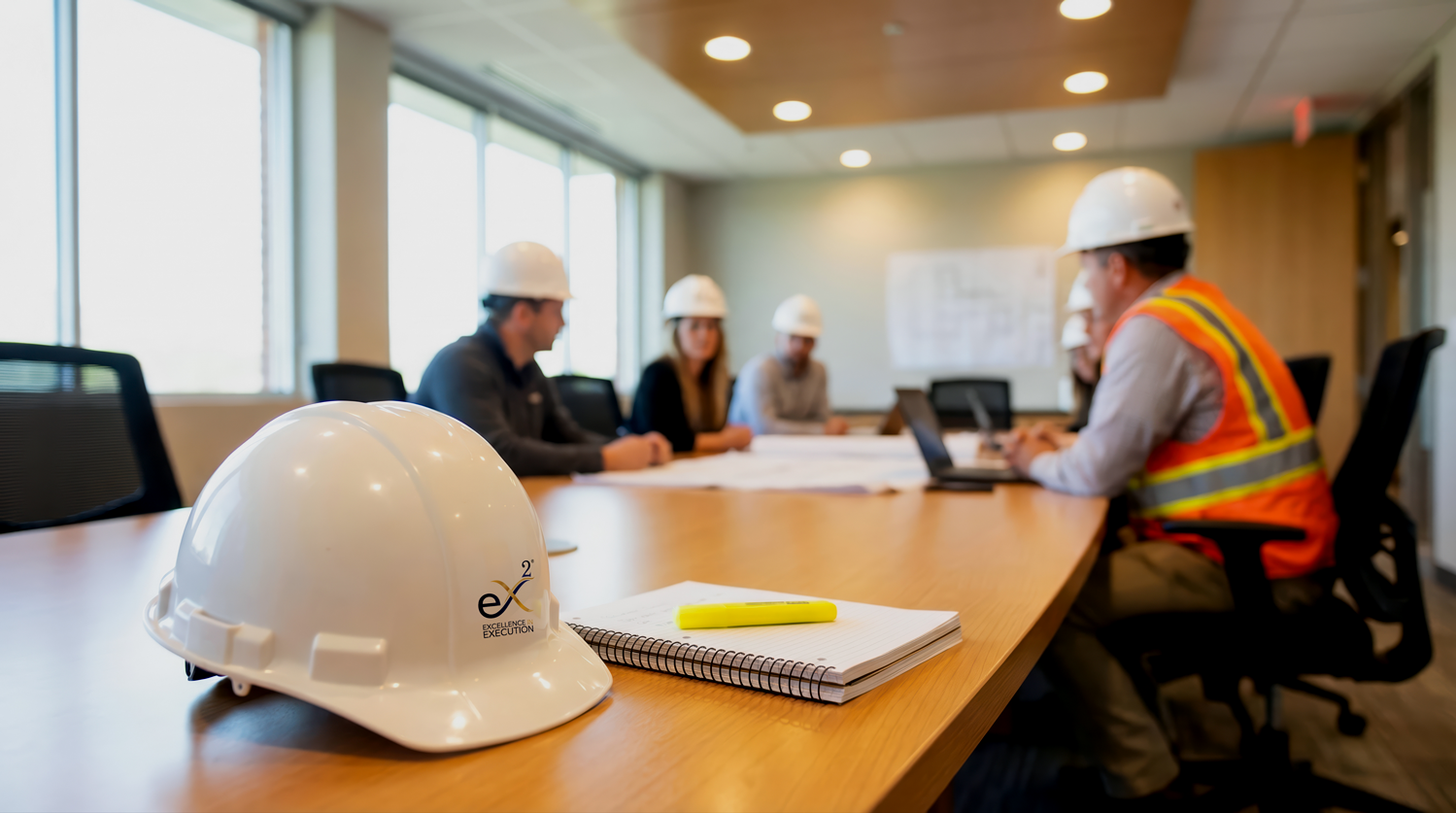 Construction team meeting with safety helmets and construction plans on the table in a conference room.